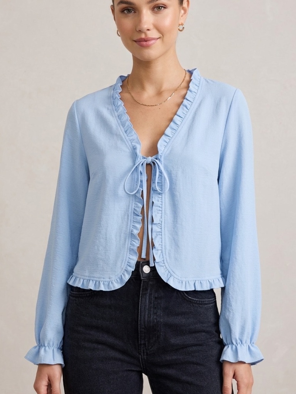 Light Blue Ruffle Tie-Front Blouse
